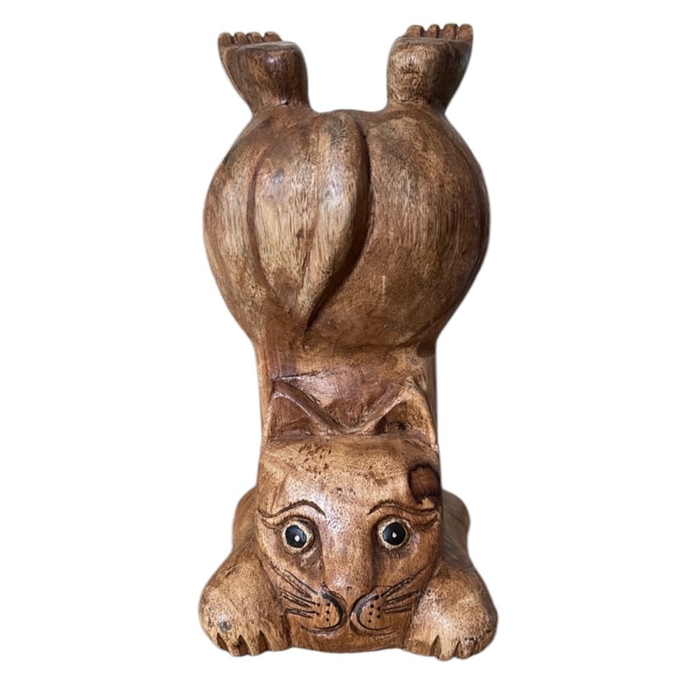 Vintage Hand Carved Wood Kitty Cat Sculpture 9.25" x 4" x 4" Cat Mom Dad